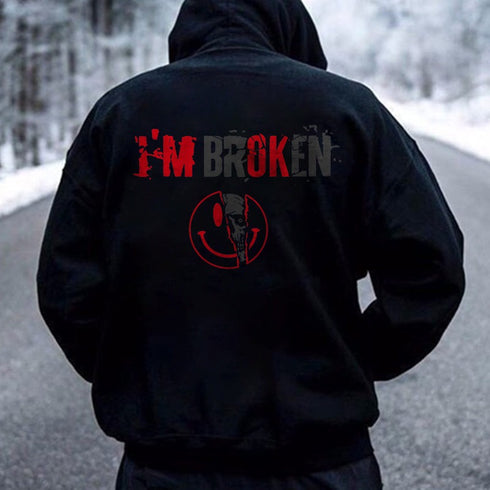Men's I'm Broken Letters Skull Printed Gym Hoodie